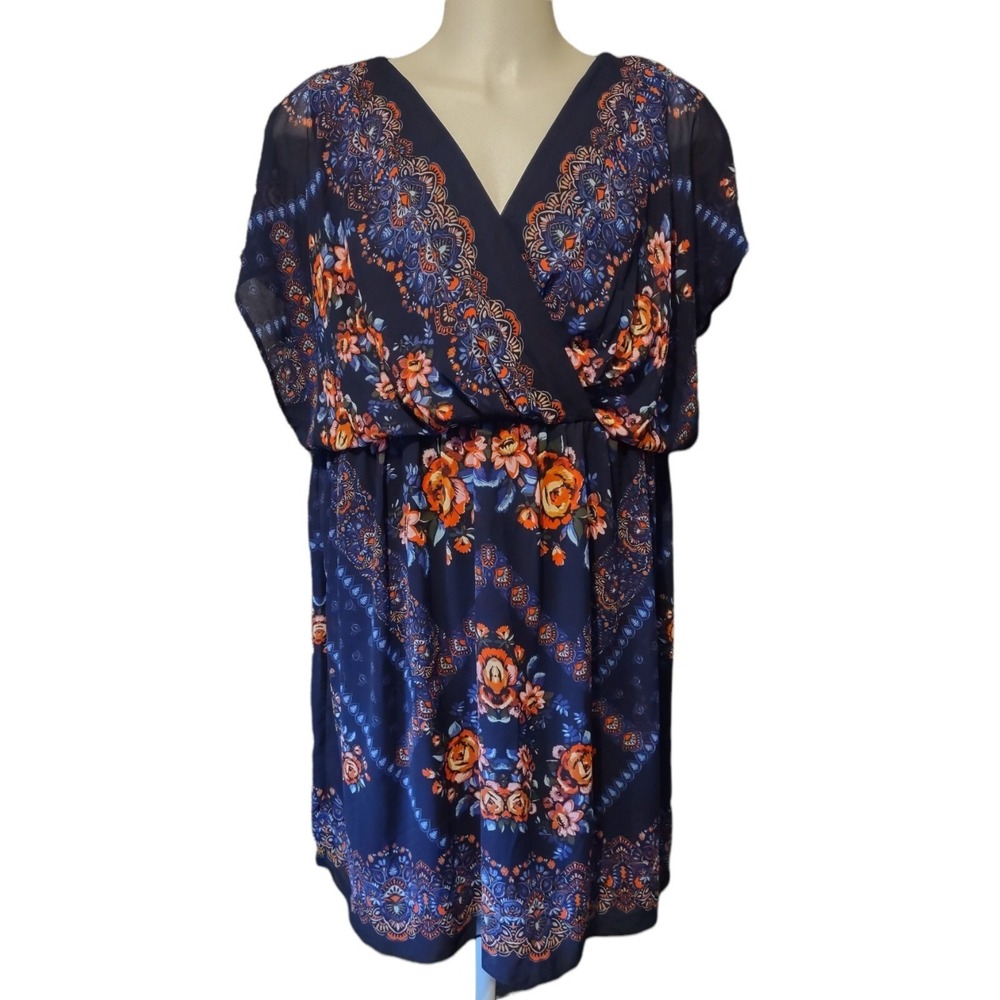 Sangria Dress Women's 22W Floral Paisley‎ Navy Blue Faux Wrap Plus Size Summer